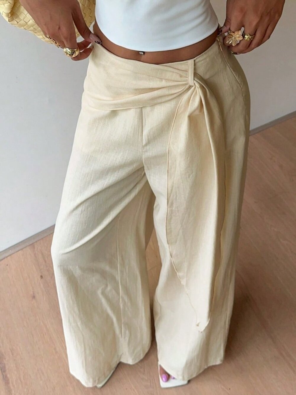 Apricot Casual Women's Elegant Wide Leg Pants with Waist Knot